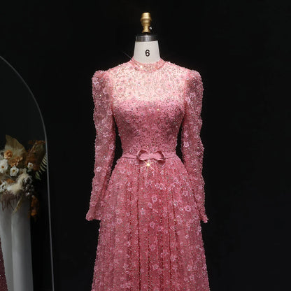 “Dusty Rose” Embroidered Tulle Gown with Long Sleeves and 3D Floral Beading