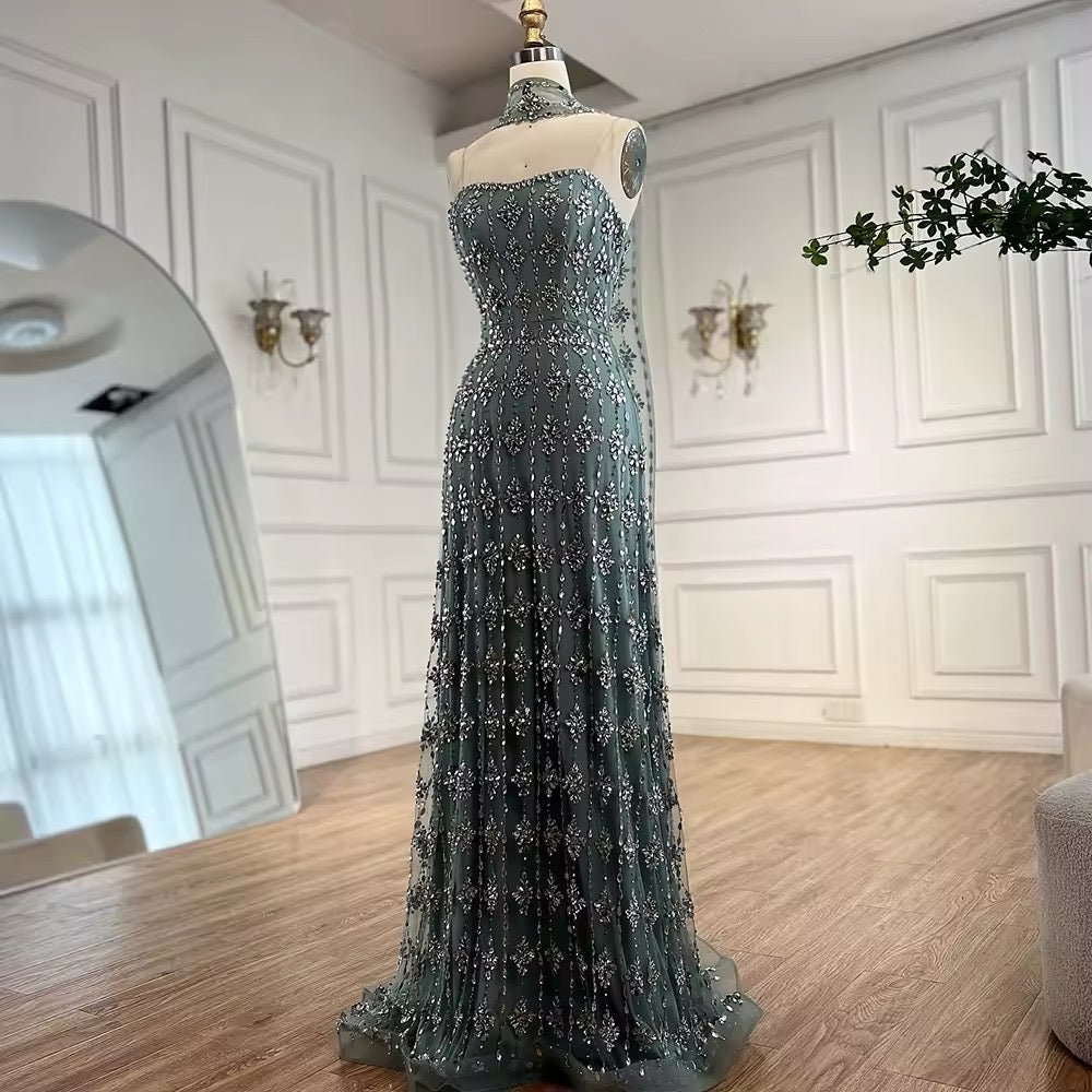 Nude Strapless Beaded A-Line Evening Dress