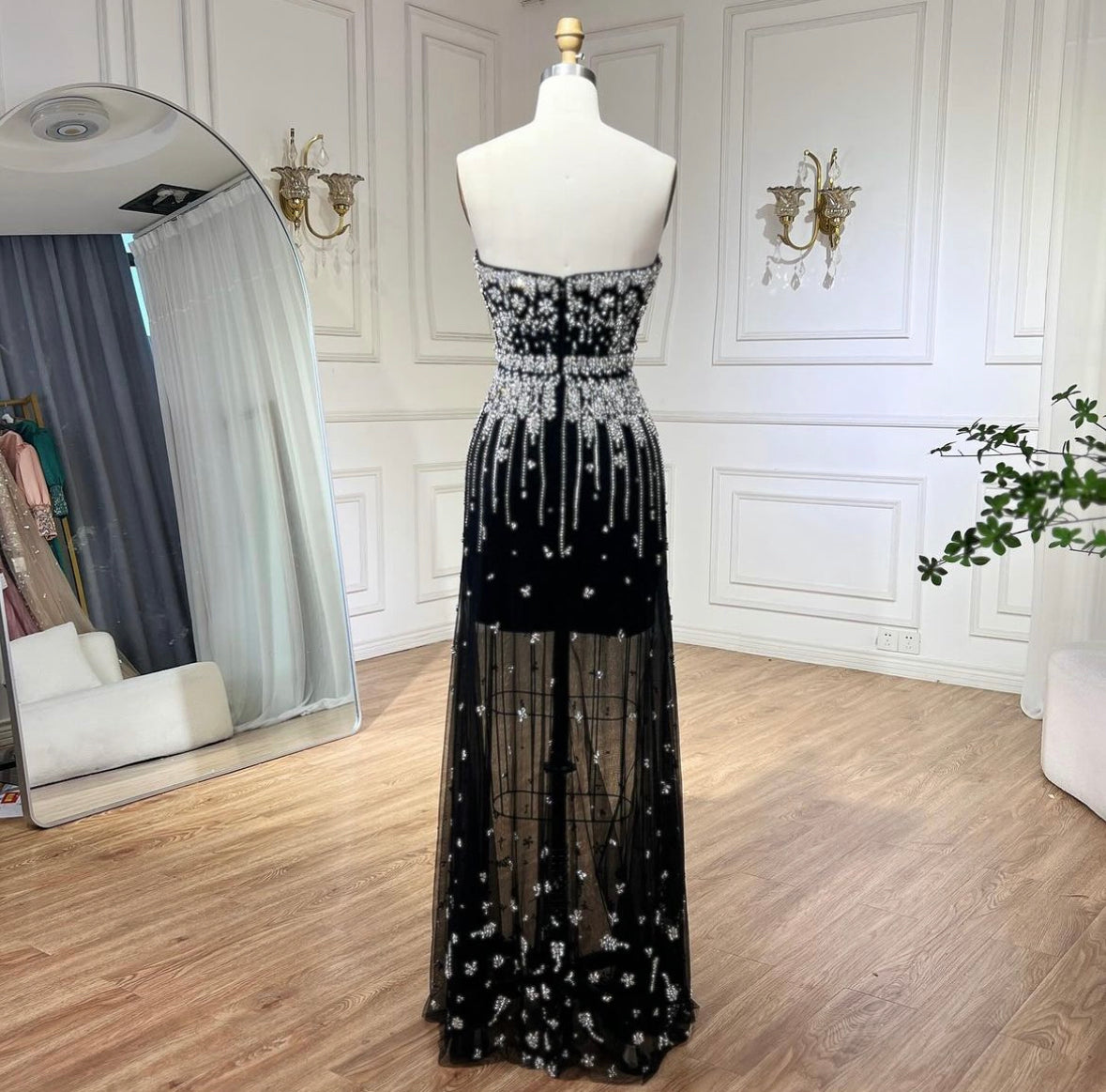 Black Puff Sleeves Evening Dress Gowns Beaded