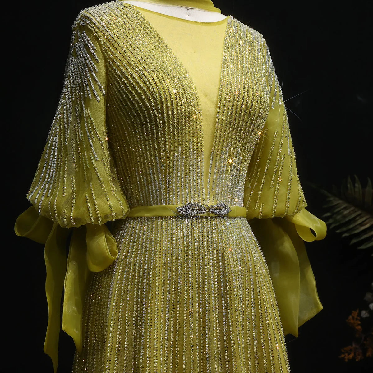“Lumière Grace” Gown with Draped Sleeves and Vertical Crystal Beading