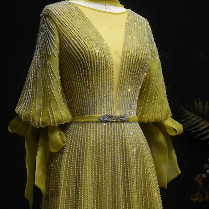“Lumière Grace” Gown with Draped Sleeves and Vertical Crystal Beading