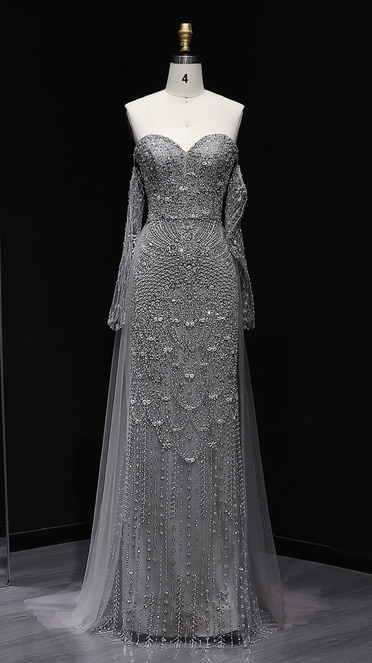“Silver Cascade” Beaded Gown with Draped Crystal Sleeves and Matching Overlay