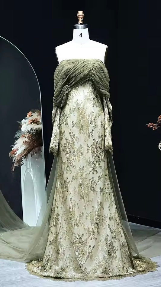 Draped Tulle & Lace Gown with Sheer Flow Cape