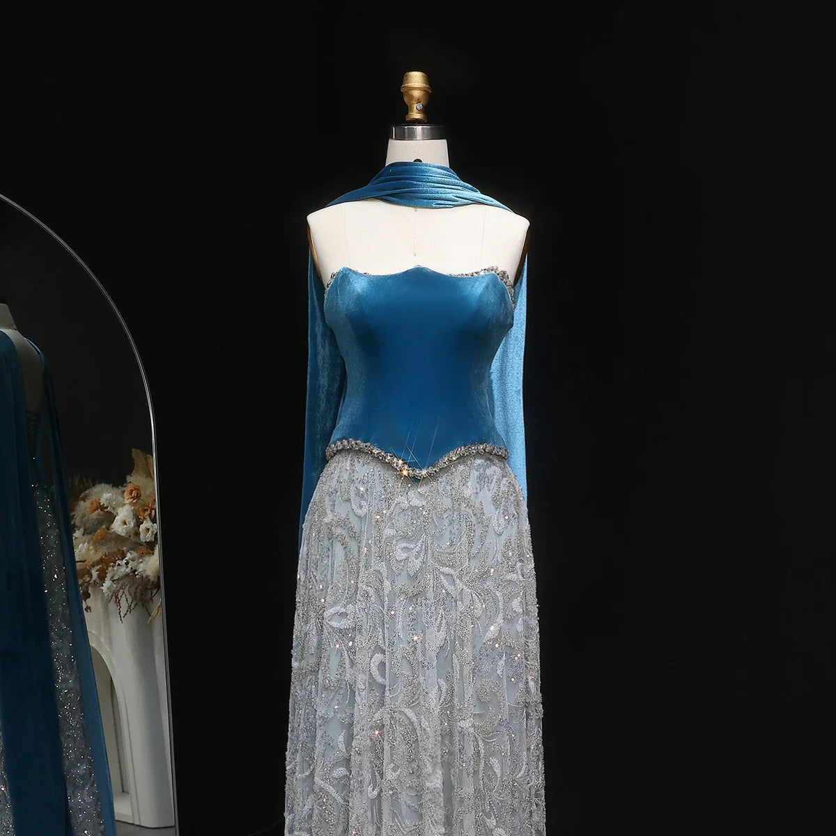 Gown with Velvet Corset & Flowing Scarf Drape