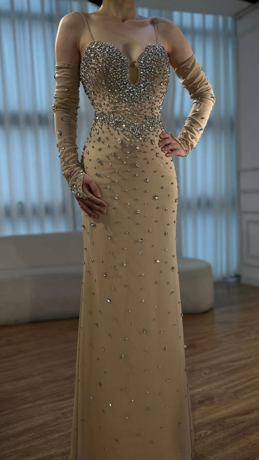 Beige Fully Embellished Evening Gown with Matching Gloves