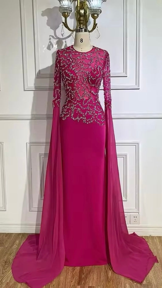Fuchsia Mermaid Evening Dress, Beaded with Elegant Cape Sleeves