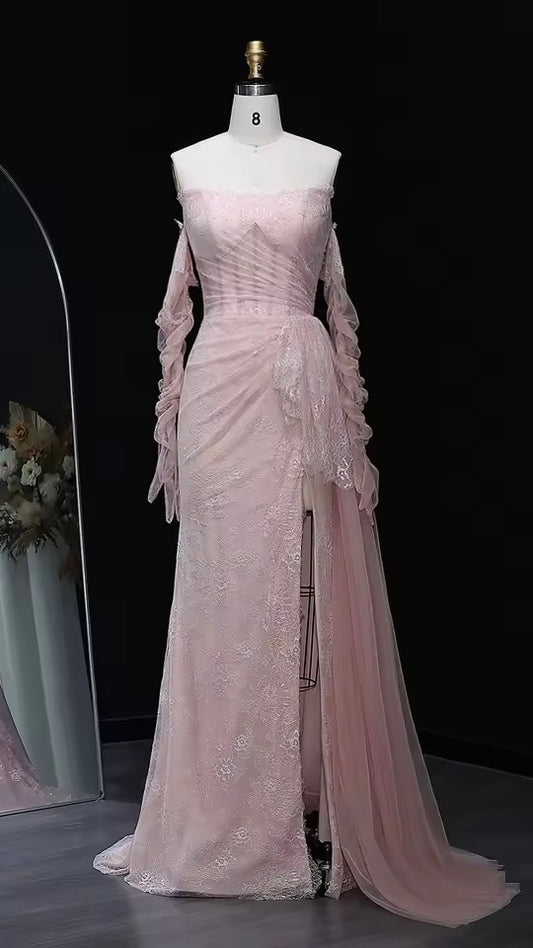 “Blush Orchid” Gown with Flowy Gloves and Draped Lace Detail