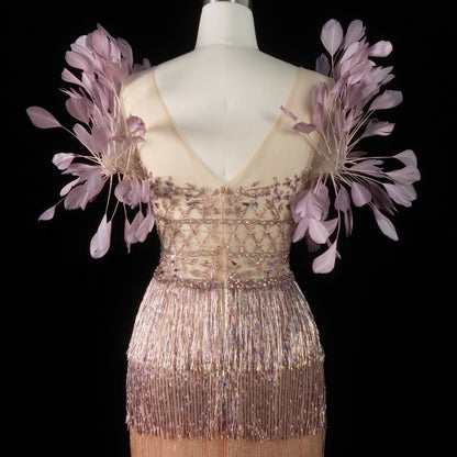 Luxurious Ombre Beaded Fringe Midi Cocktail Dress with Feather Sleeves