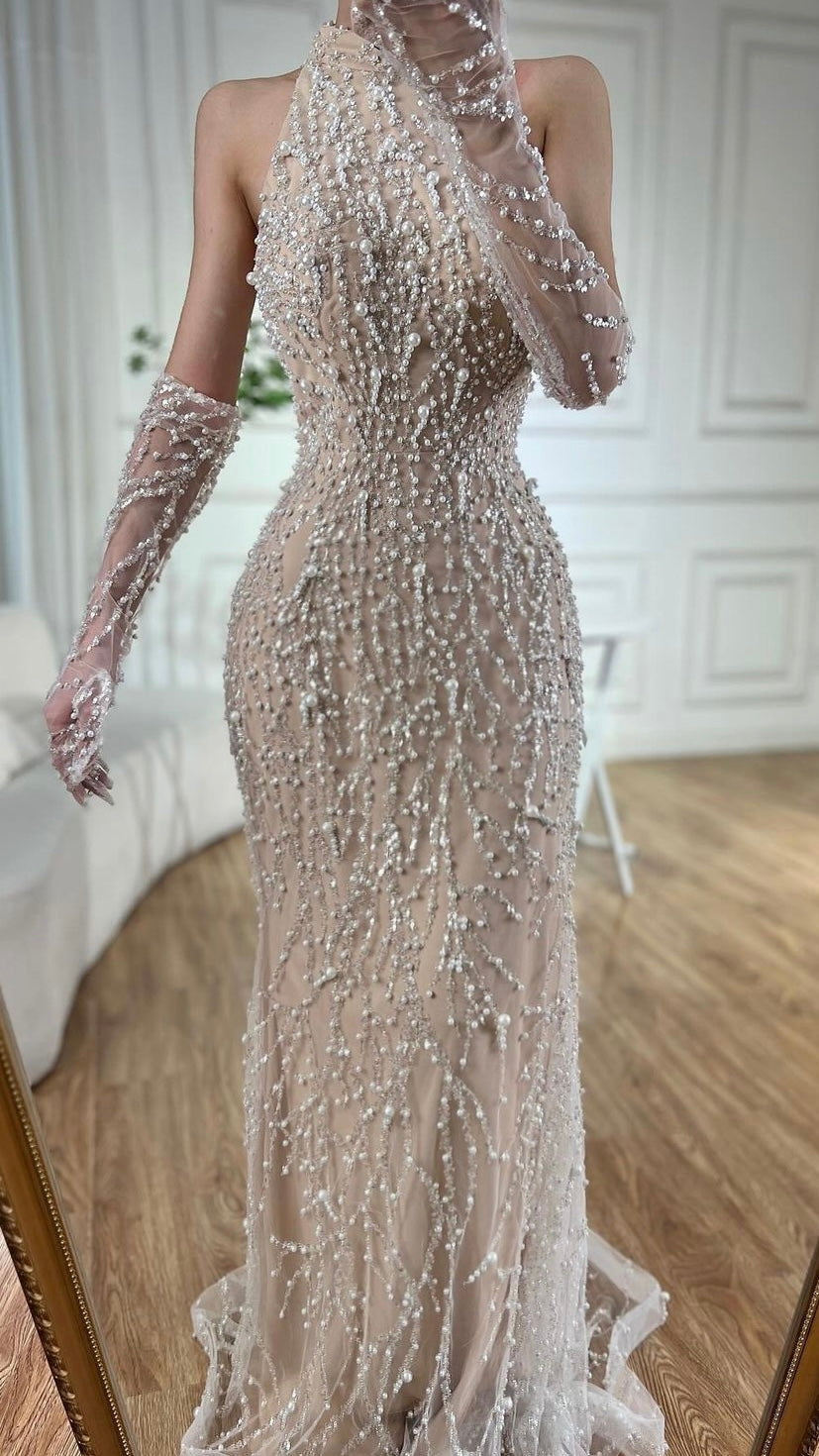 Luxury Pearls Beaded Evening Dress White Nude