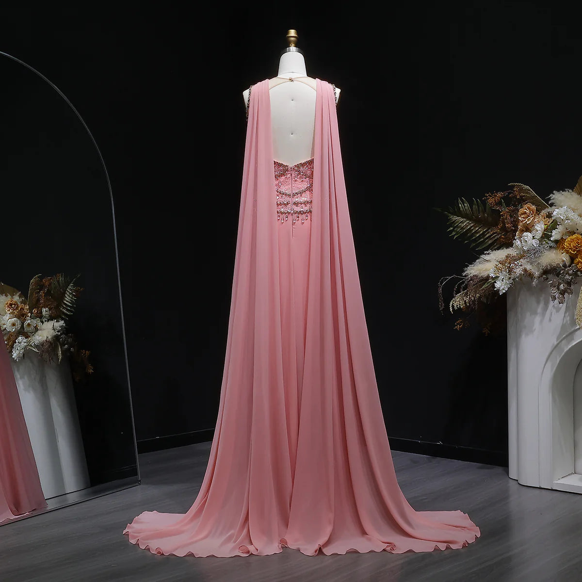 Dusty Rose Pleated Chiffon Gown with Chandelier Beading