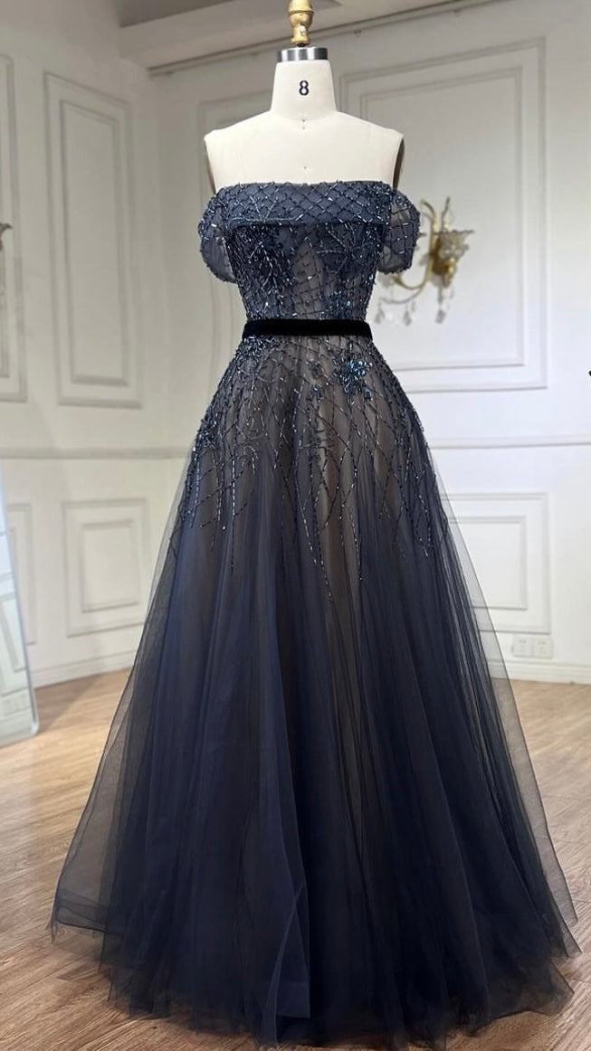 Luxury Blue A-Line Evening Dress