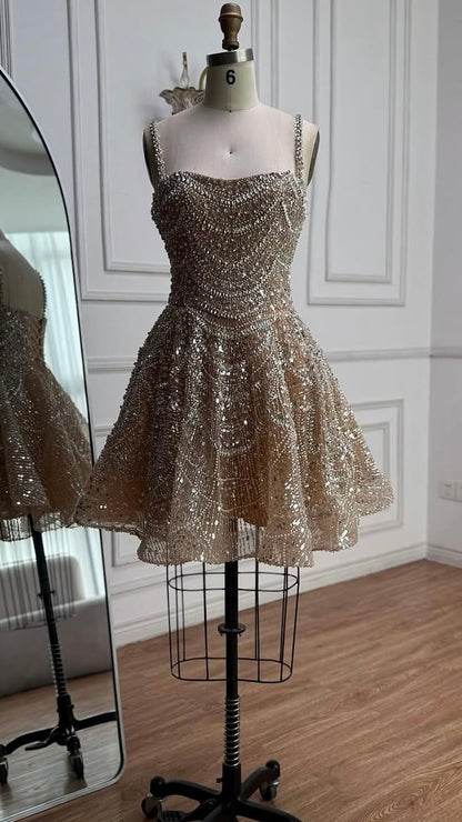 Luxury Nude Crystal A-Line Short Sparkly Cocktail Party Dress