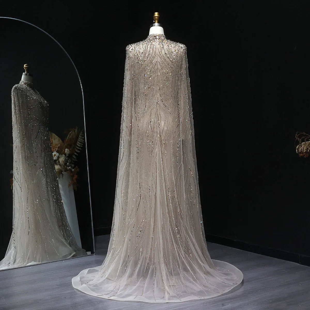 “Regal Dust” Embroidered High Neck Gown with Flowing Cape Sleeves