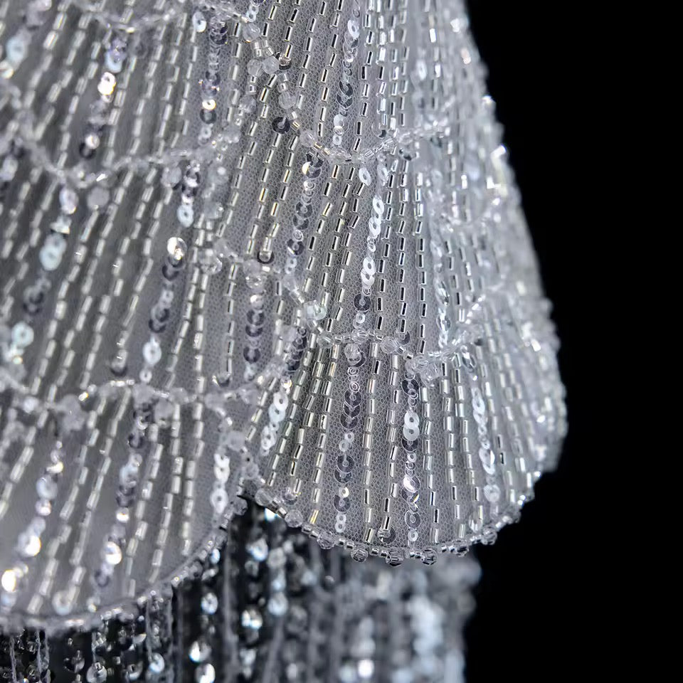 Silver Crystal-Embellished Peplum Fringe Gown