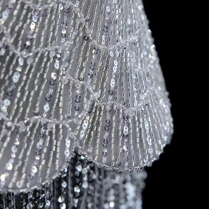 Silver Crystal-Embellished Peplum Fringe Gown
