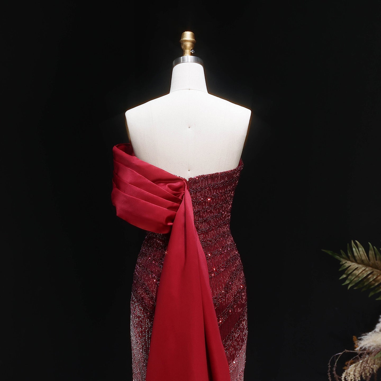 Ombre Beaded Fringe Gown with Satin Drape Train