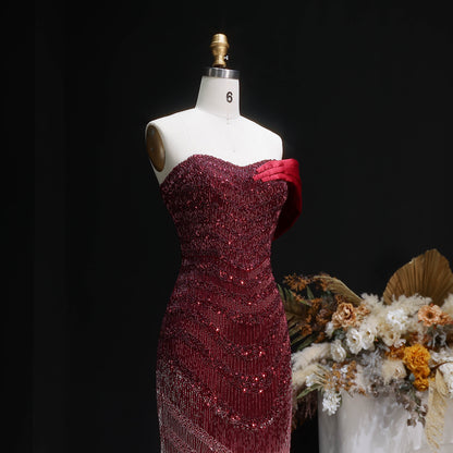 Ombre Beaded Fringe Gown with Satin Drape Train