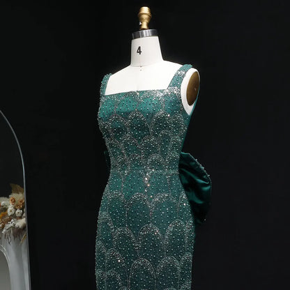 Emerald Crystal-Encrusted Gown with Back Satin Bow and Cathedral Train