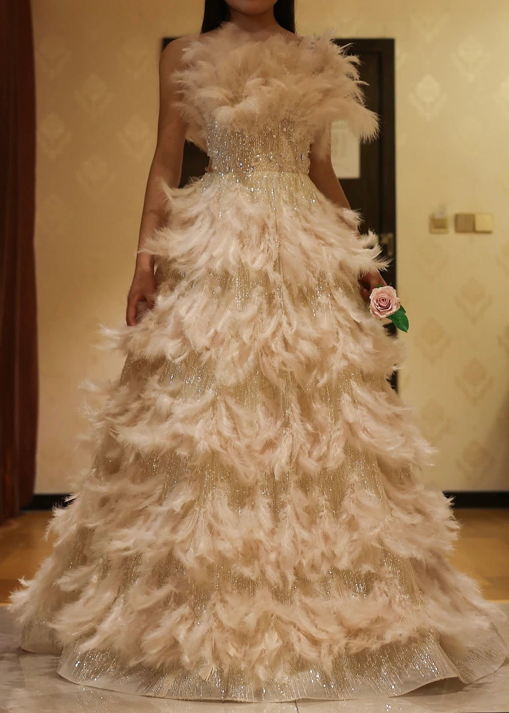 Luxury Feathers Princess Cream Evening Dress