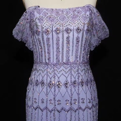 Crystal Glow” Gown – Off-shoulder embellished evening dress, available in two sleeve styles
