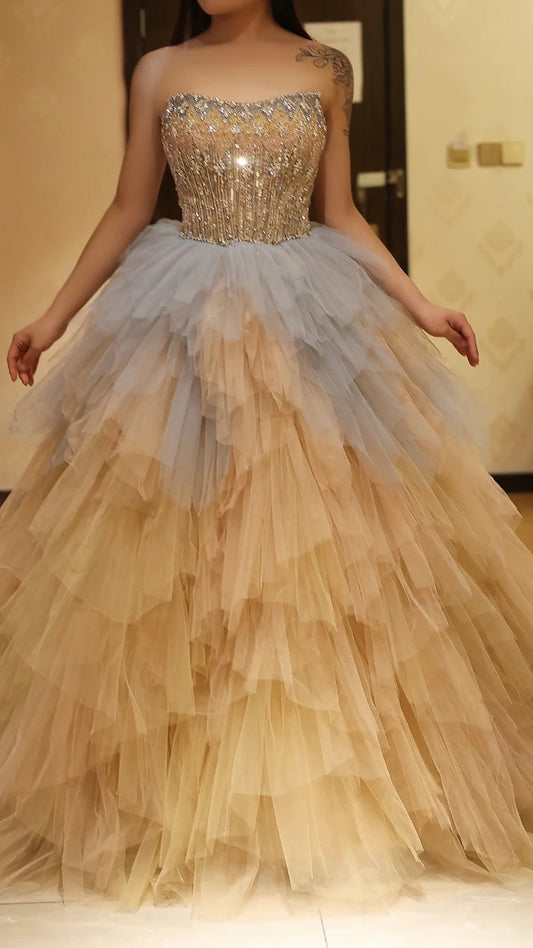 Rose Gold Blue Ruffles Princess Ball Gown Evening Dress