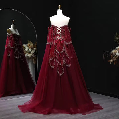 ‏Luxury Sage Green Off-Shoulder Evening Gown with Cape Sleeves
