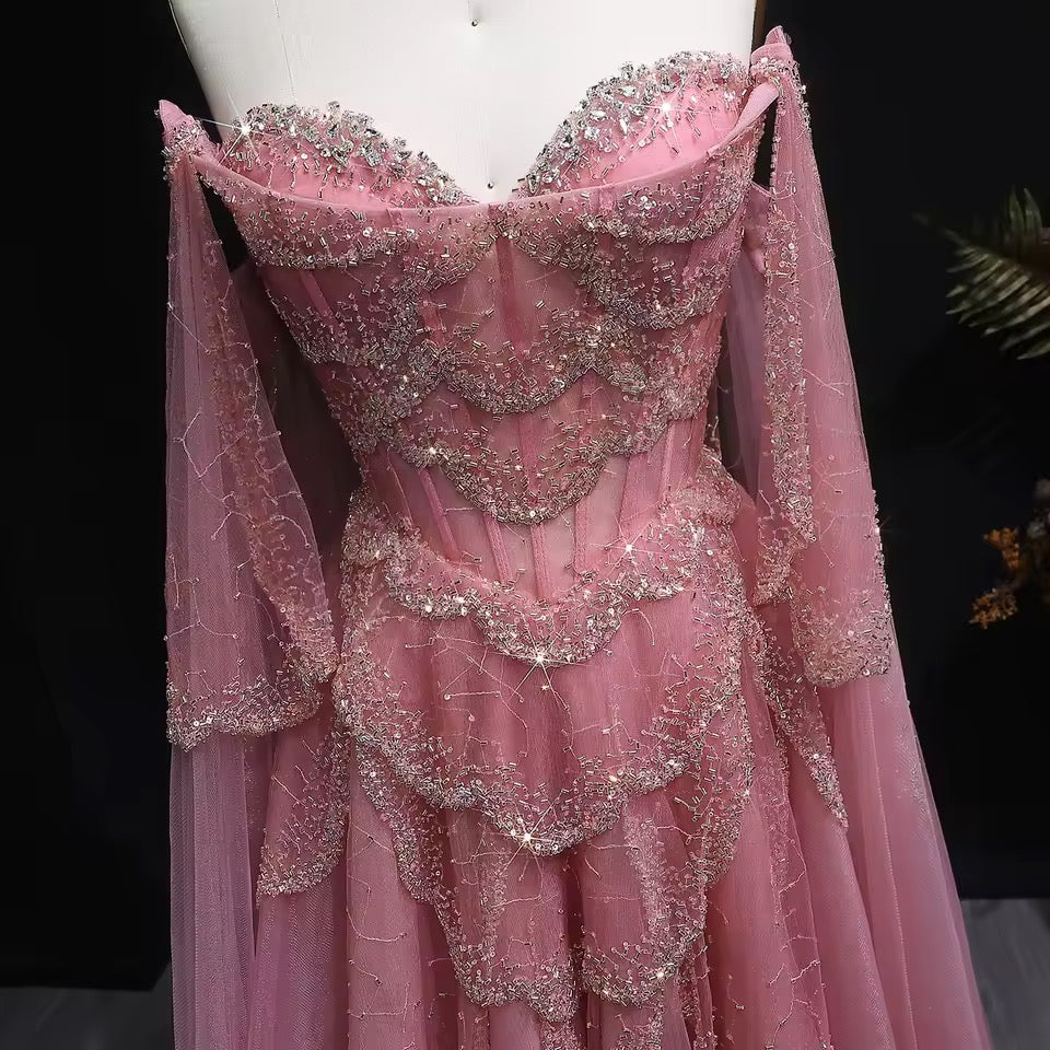 ‏Luxury Sage Green Off-Shoulder Evening Gown with Cape Sleeves