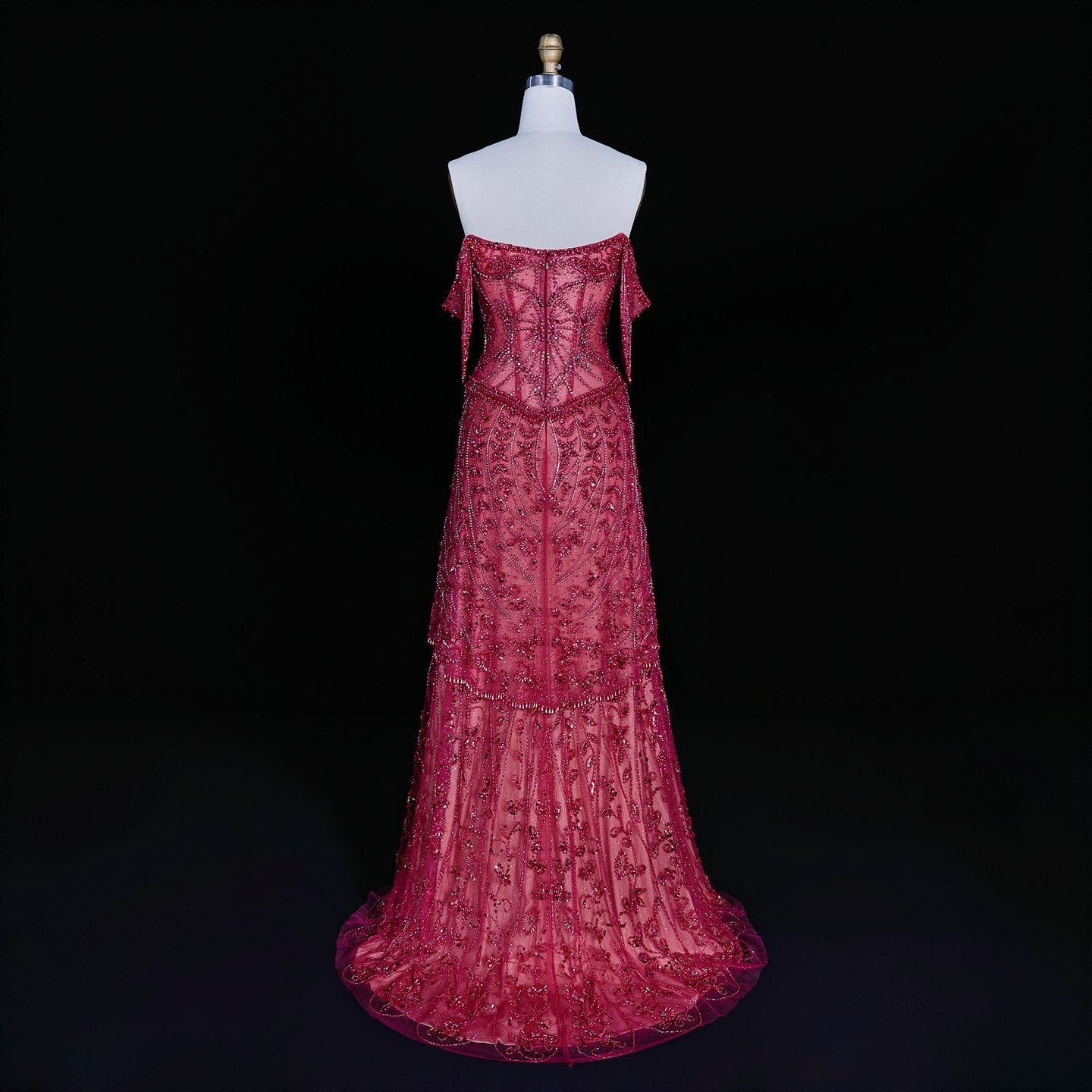 Luxurious Magenta Beaded Strapless Gown with Shoulder Beaded Fringe
