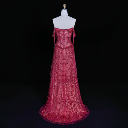 Luxurious Magenta Beaded Strapless Gown with Shoulder Beaded Fringe