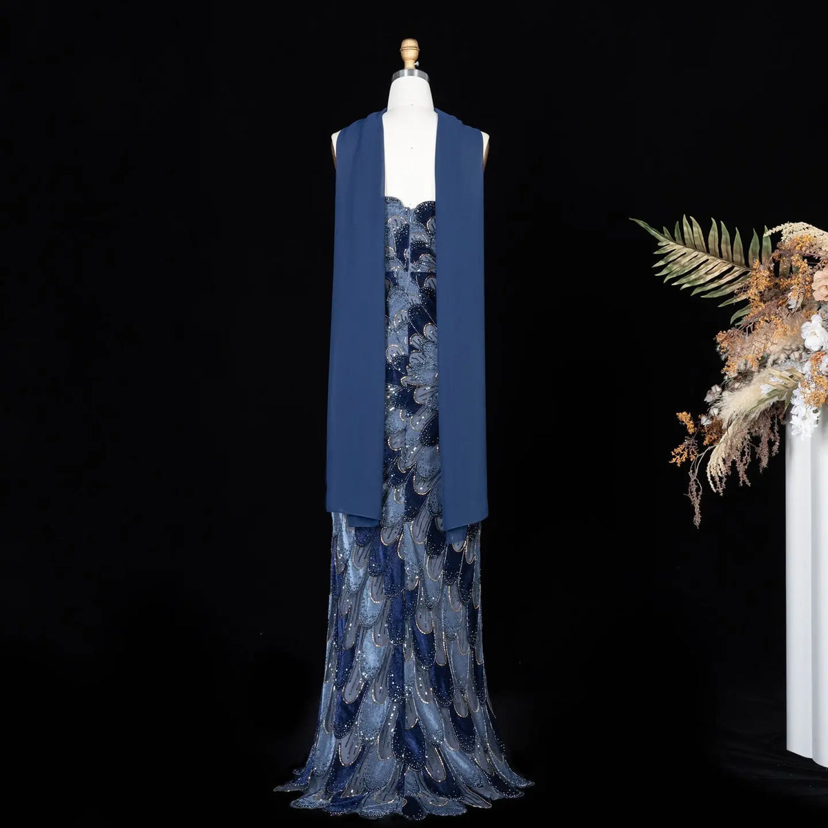 Elegant Strapless Dress with Scalloped Beadwork and Statement Cape