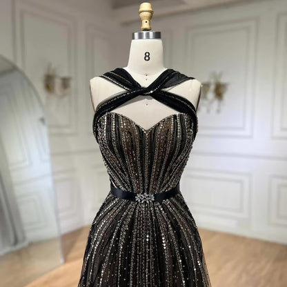 Black Sleeveless A-Line Luxury Beaded Evening Dresses