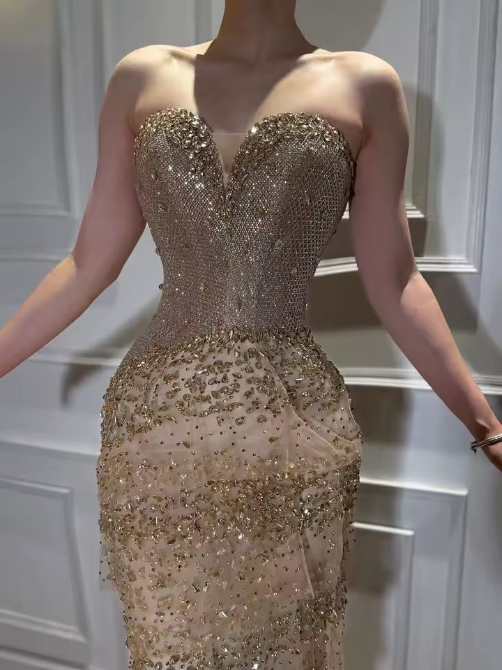 Gold Strapless Sequined Evening Gown with Tiered Crystal Drapes