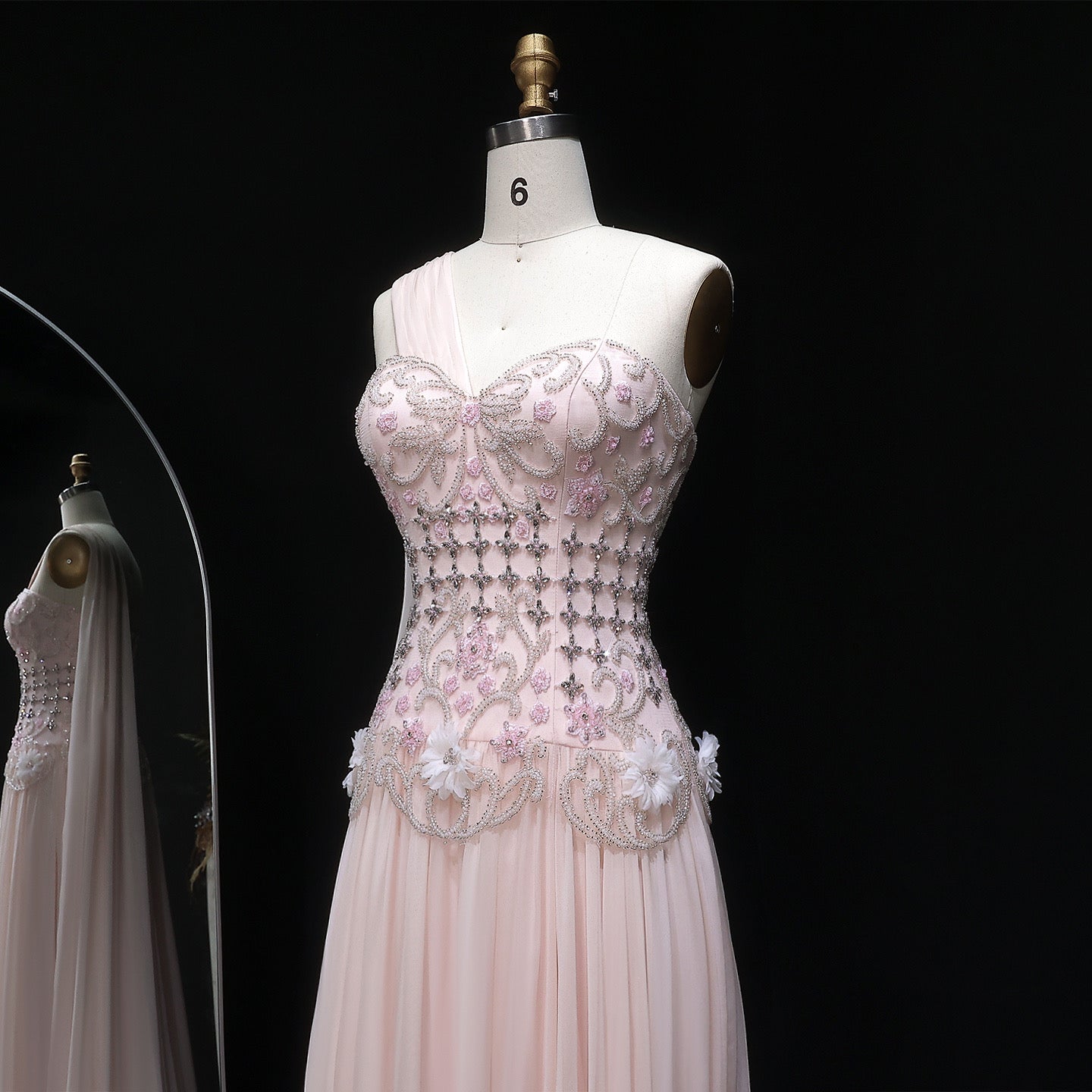 Dusty Pink One-Shoulder Beaded A-Line Evening Dress