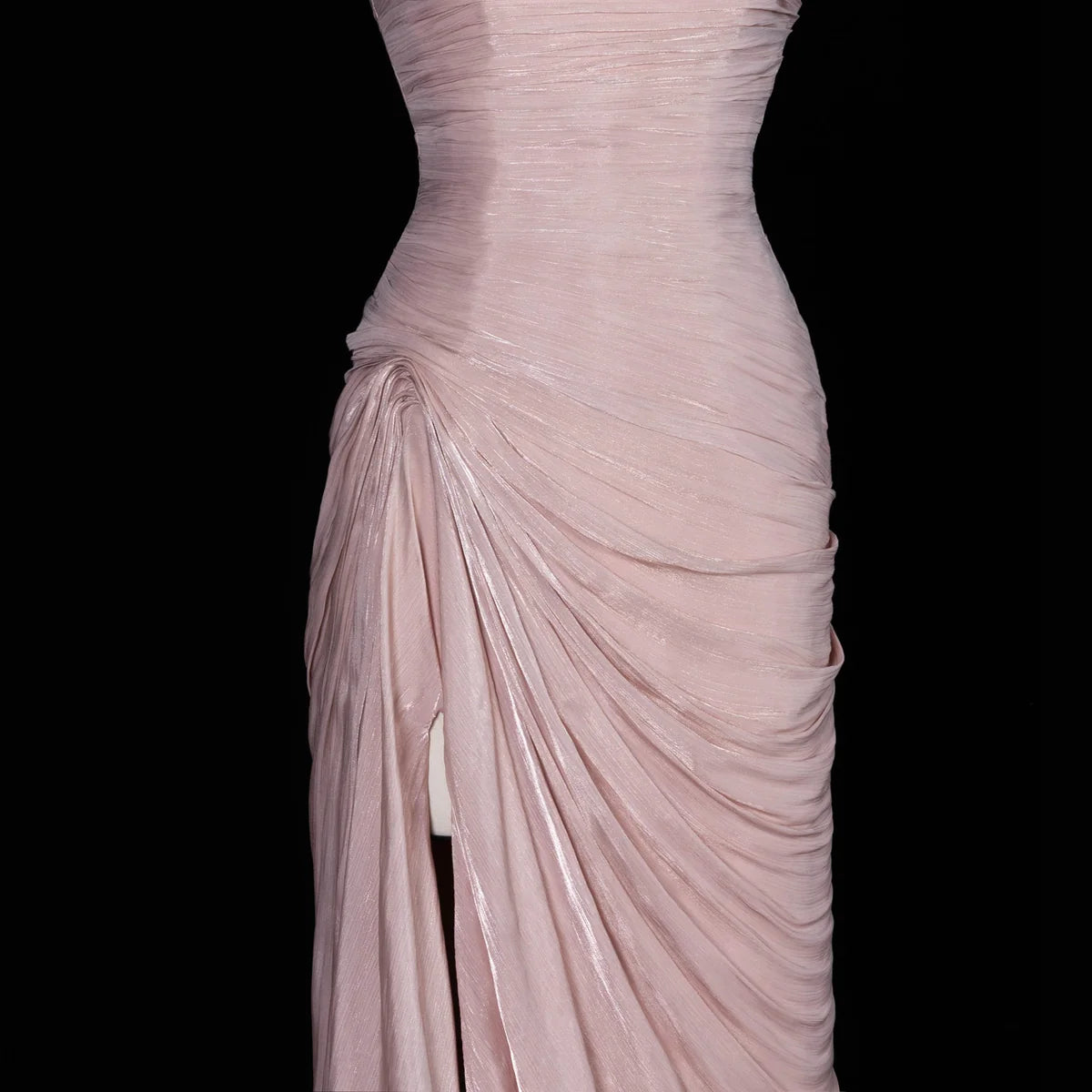 Blush Pink Strapless Shimmer Gown with Side Slit & Ruched Drapery