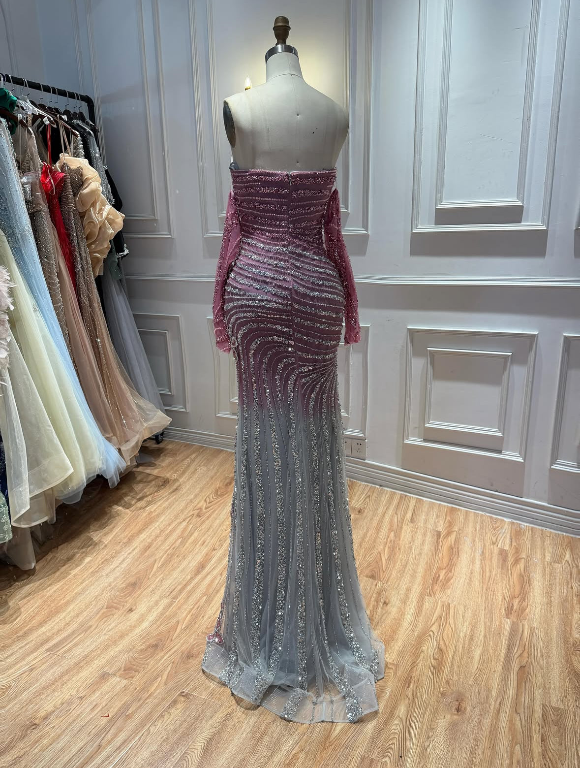 Two-Tone Crystal Strapless Gown with 3D Floral Appliqué