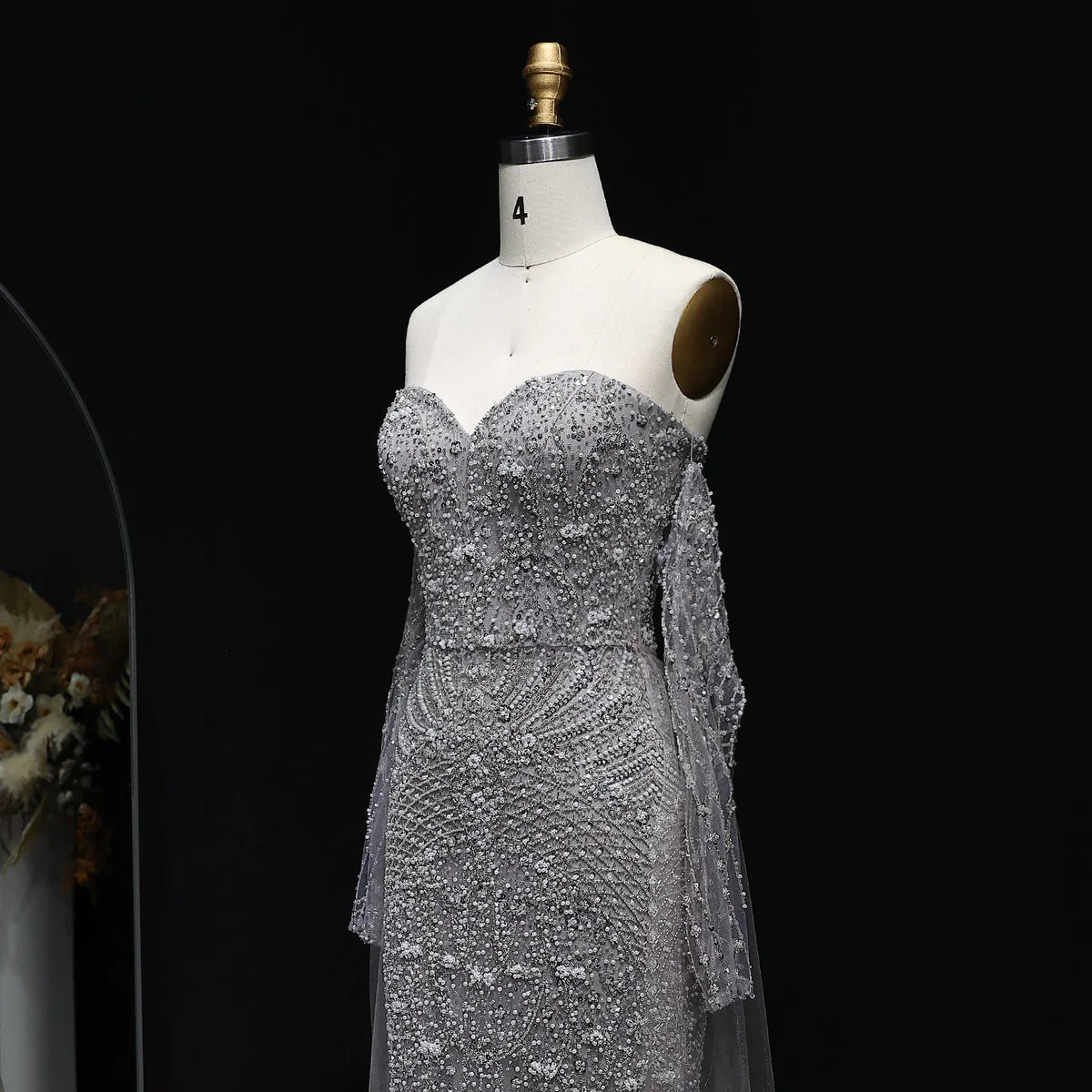 “Silver Cascade” Beaded Gown with Draped Crystal Sleeves and Matching Overlay