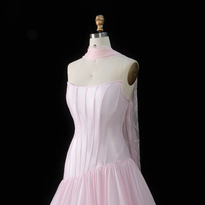 Baby Pink Corset Ball Gown with Asymmetrical Waist & Lace Scarf