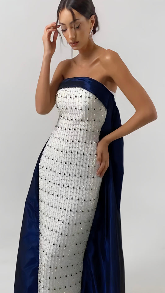 Navy Blue White Strapless Luxury Evening Dress with Cape Midi