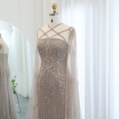 Elegant Beaded Gown with Open Sleeves and Crystal Detailing