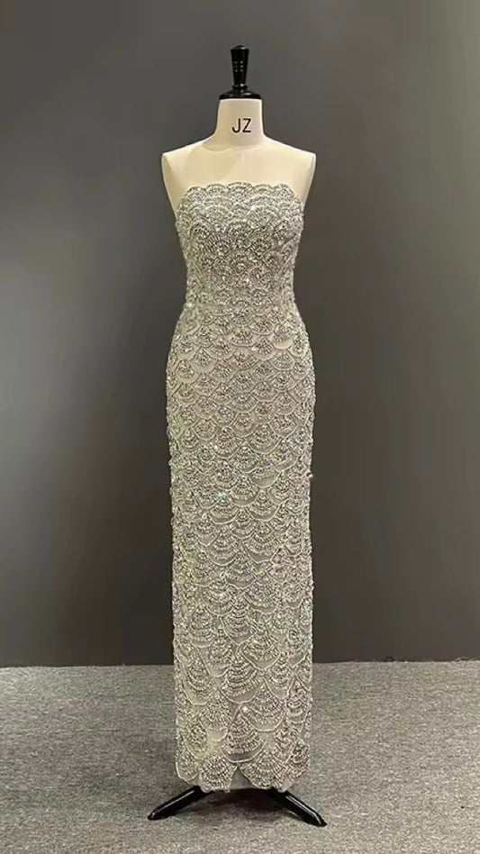 Scalloped Crystal-Encrusted Silver Couture Gown