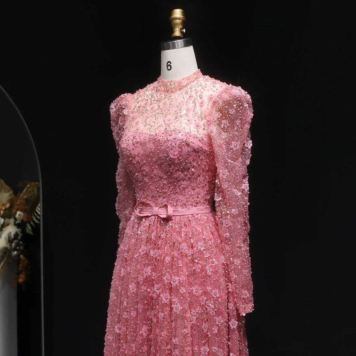 “Dusty Rose” Embroidered Tulle Gown with Long Sleeves and 3D Floral Beading