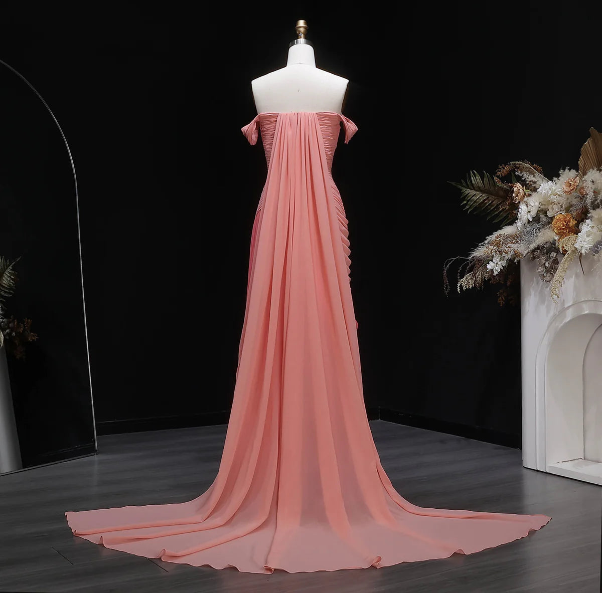 Coral Pink Off-the-Shoulder Chiffon Gown with Cascading Draping & Train