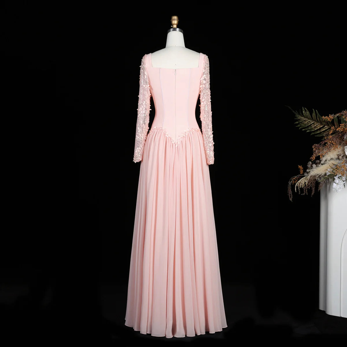 Baby Pink Long-Sleeve Evening Gown with Embellished Lace & V-Waist
