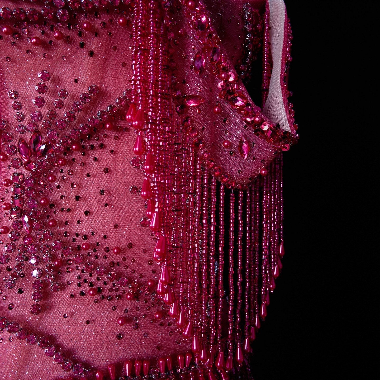 Luxurious Magenta Beaded Strapless Gown with Shoulder Beaded Fringe