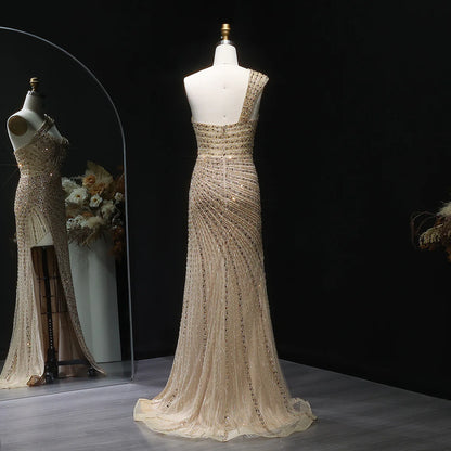 “Golden Flare” Gown Sculpted Sparkle with Luxe Beading