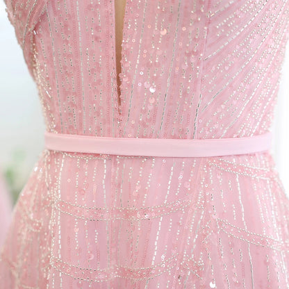 Elegant Pink Beaded Ball Gown – Sparkling One-Shoulder Formal Dress