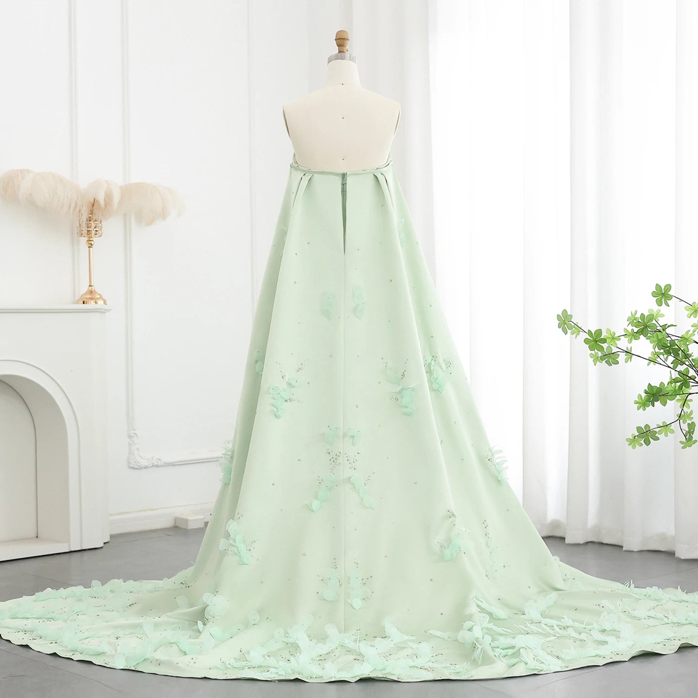 Luxury Crystal 3D flower Sage Green Evening Dress with Cape ns