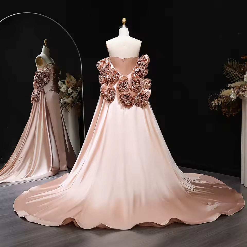 “Blush Garden” Gown – 3D Floral Details & Royal Long Satin Flow