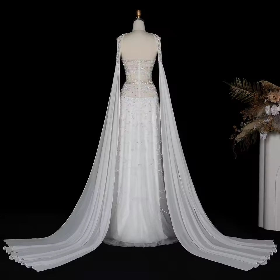 Jeweled Neckline Gown with Matching Chiffon Cape