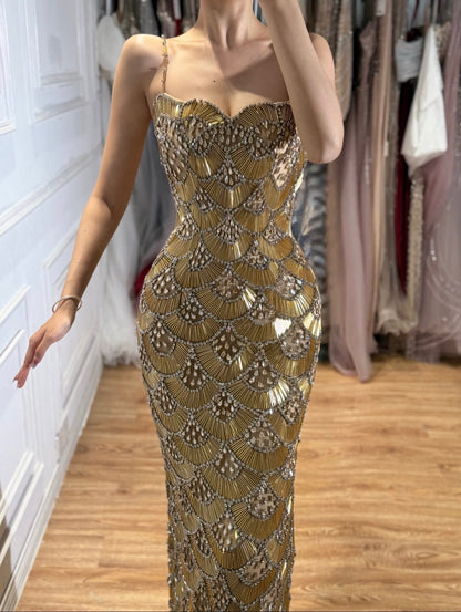 Glamorous Gold Crystal Shell Gown